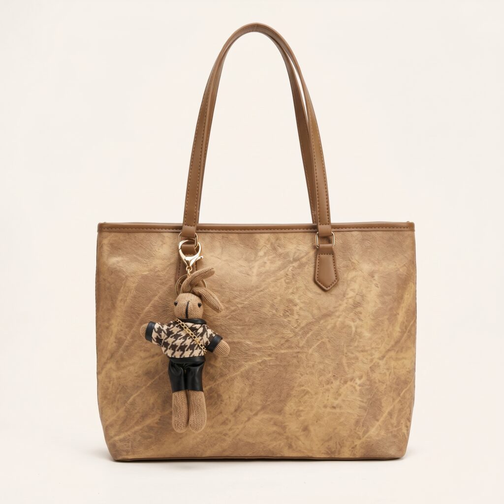 wolfora premium tote bag featuring handles and a patterned bunny charm.